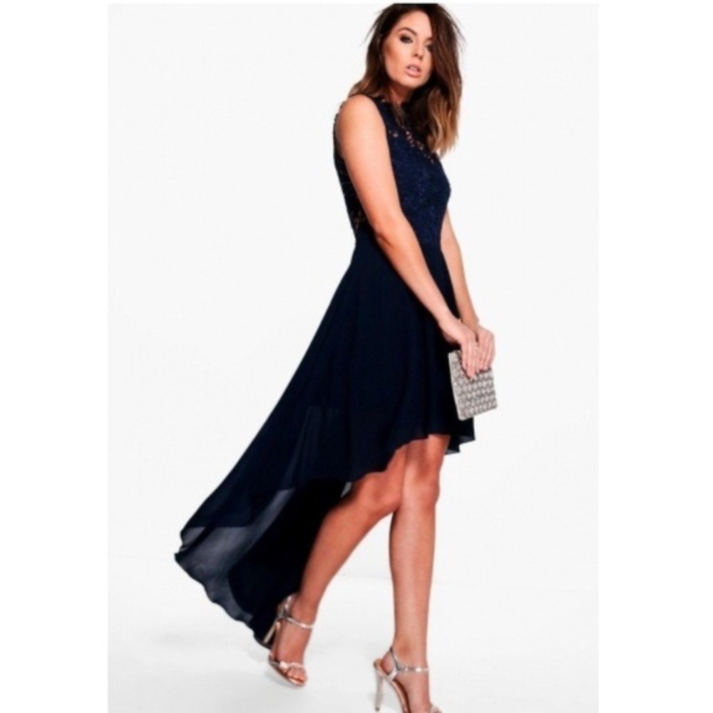 Boohoo Boutique Lace Navy High Low Dress